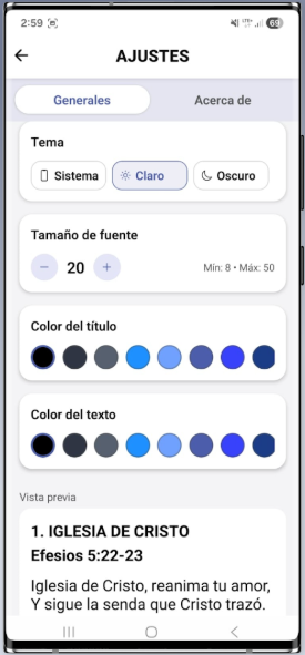 Ajustes de tema y tamaño de fuente